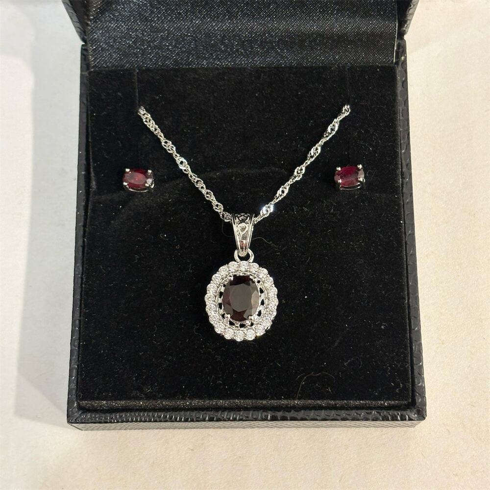 Gold Coast Necklace & Earrings Set Garnet Color Halo Pendant Oval Studs